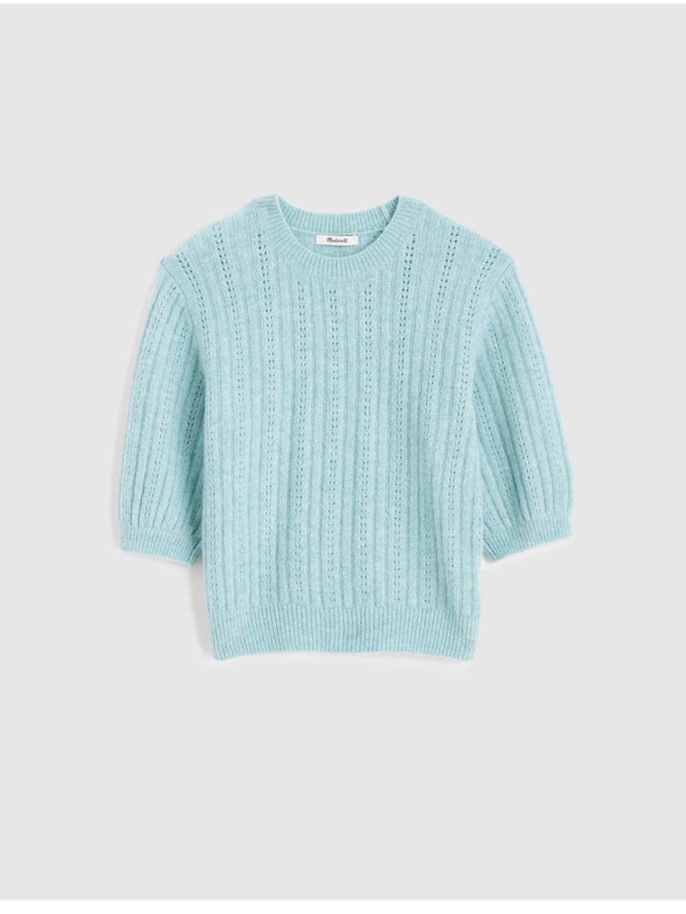 Light Blue Knit Puff-Sleeve Sweater